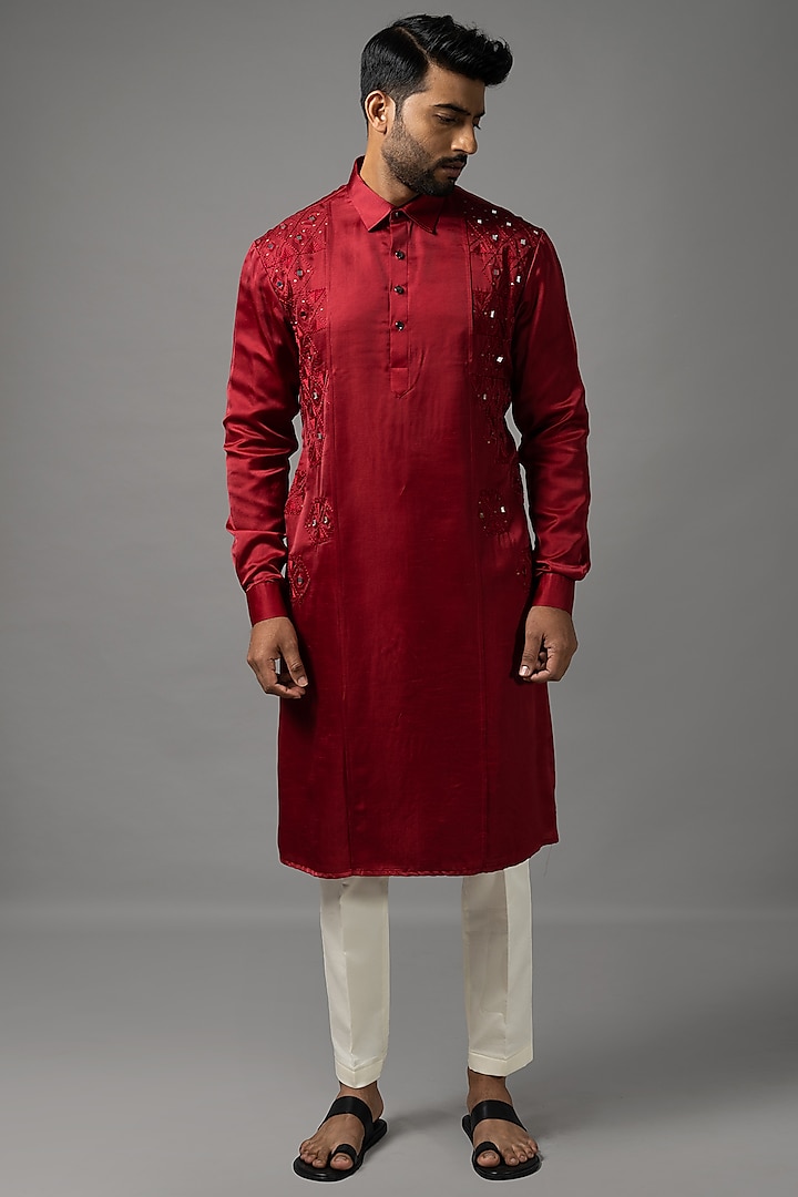 Scarlet Red Linen Embroidered Kurta Set by YOSEBA