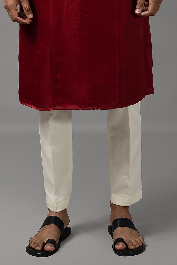 Scarlet Red Linen Embroidered Kurta Set by YOSEBA at Pernia's Pop Up Shop