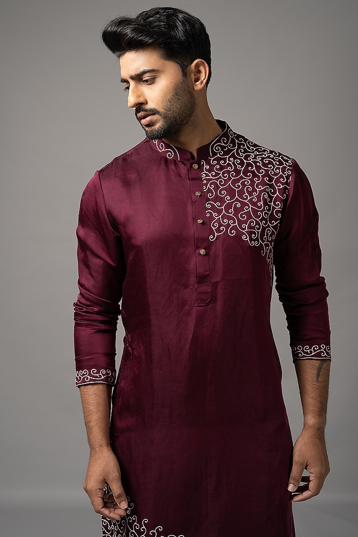 Ruby Wine Linen Satin Embroidered Kurta Set by YOSEBA at Pernia's Pop Up Shop