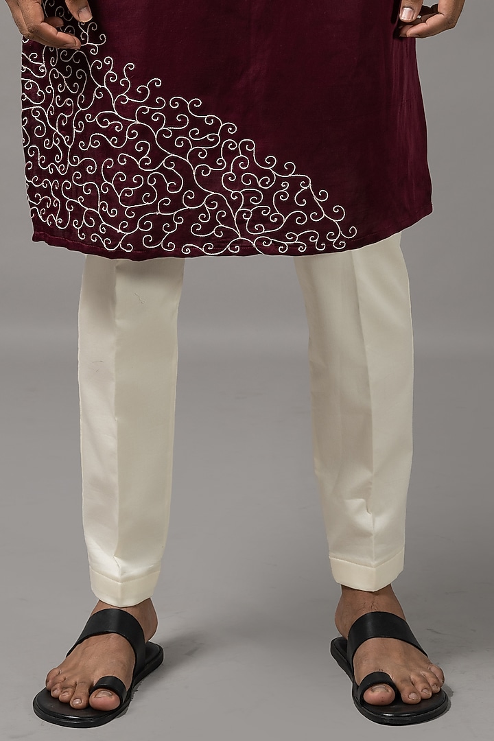 Ruby Wine Linen Satin Embroidered Kurta Set by YOSEBA at Pernia's Pop Up Shop