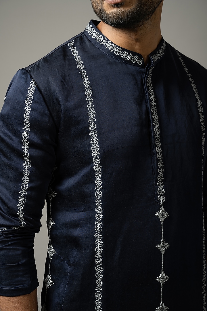Denim Blue Linen Satin Embroidered Kurta Set by YOSEBA at Pernia's Pop Up Shop