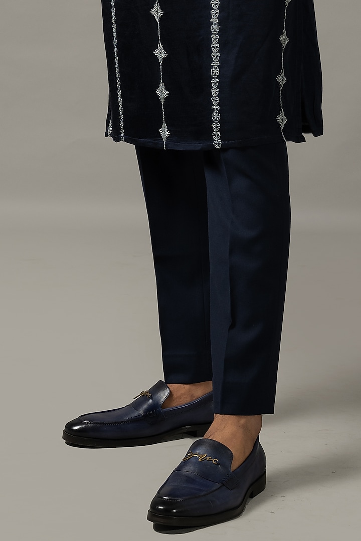 Denim Blue Linen Satin Embroidered Kurta Set by YOSEBA at Pernia's Pop Up Shop