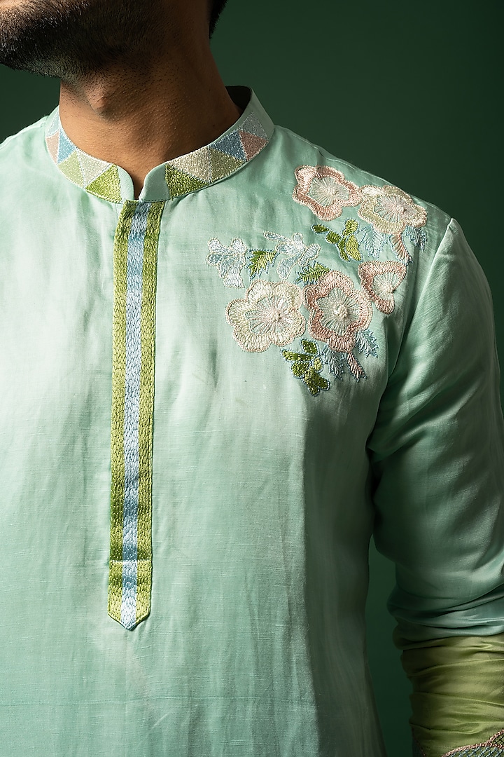 Blue To Lime Ombre Embroidered Kurta Set by YOSEBA at Pernia's Pop Up Shop