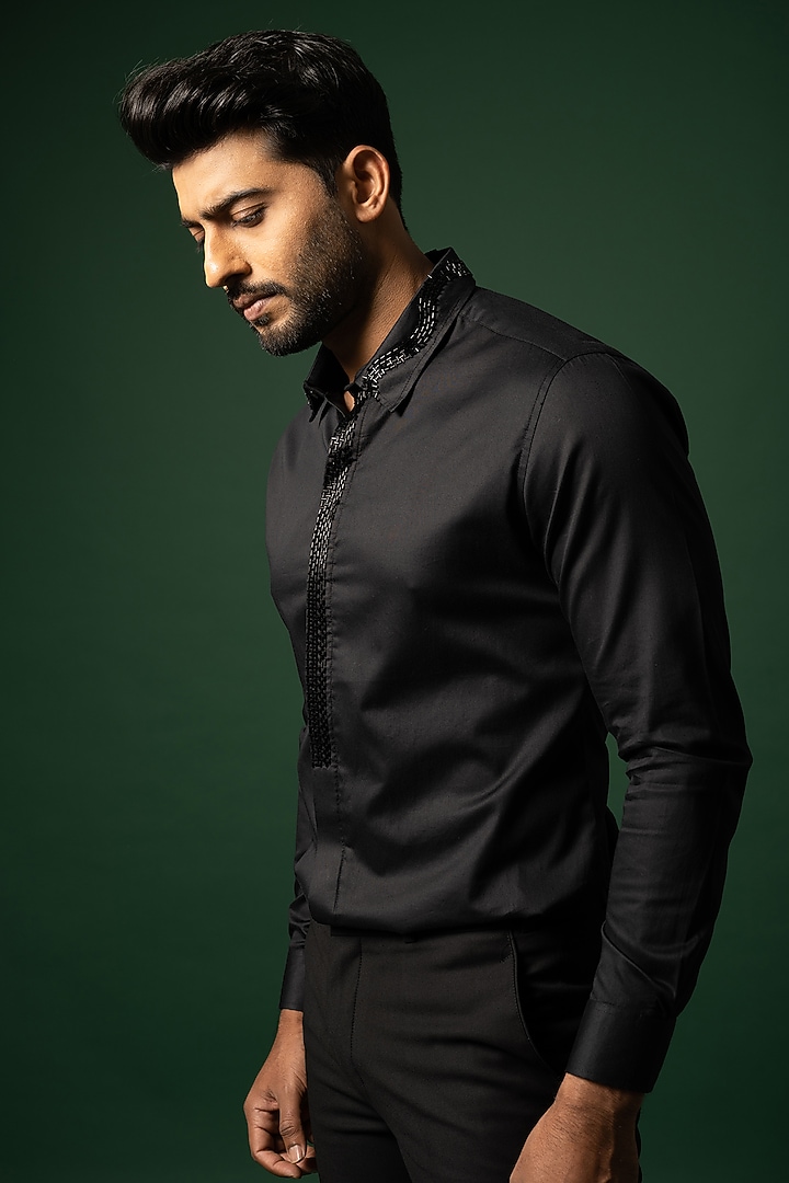 Obsidian Black Cotton Party Wear Shirt by YOSEBA at Pernia's Pop Up Shop
