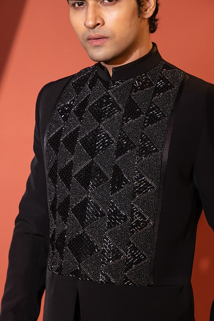 Black Stretchable Premium Suiting Fabric Motif & Cutdana Embroidered Wedding Bandhgala Set by YOSEBA at Pernia's Pop Up Shop