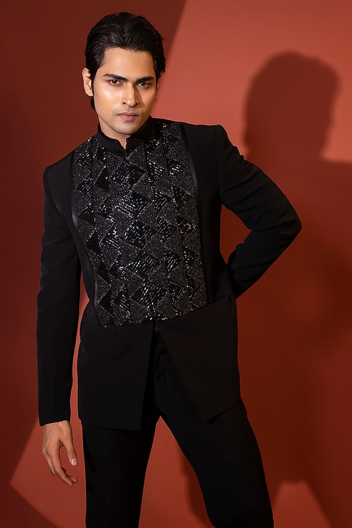 Black Stretchable Premium Suiting Fabric Motif & Cutdana Embroidered Wedding Bandhgala Set by YOSEBA at Pernia's Pop Up Shop