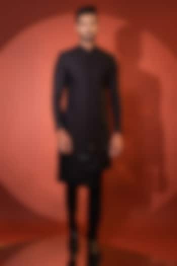 Black Premium Suiting Fabric Thread & Cutdana Embroidered Achkan Jacket Set by YOSEBA at Pernia's Pop Up Shop