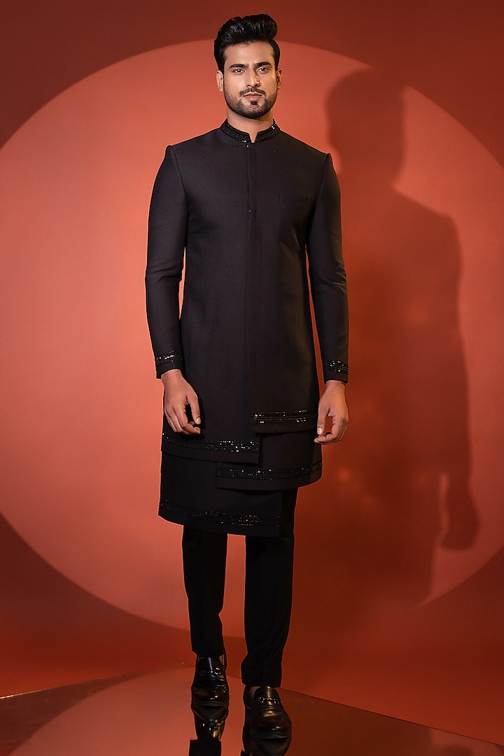 Black Premium Suiting Fabric Thread & Cutdana Embroidered Achkan Jacket Set by YOSEBA at Pernia's Pop Up Shop