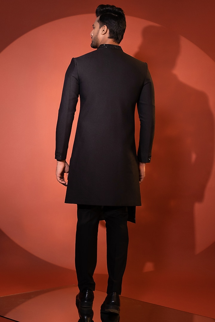Black Premium Suiting Fabric Thread & Cutdana Embroidered Achkan Jacket Set by YOSEBA at Pernia's Pop Up Shop