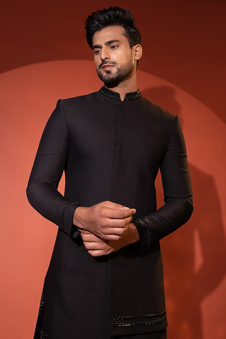 Black Premium Suiting Fabric Thread & Cutdana Embroidered Achkan Jacket Set by YOSEBA at Pernia's Pop Up Shop