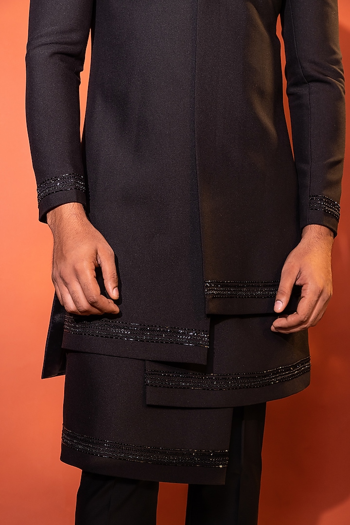 Black Premium Suiting Fabric Thread & Cutdana Embroidered Achkan Jacket Set by YOSEBA at Pernia's Pop Up Shop