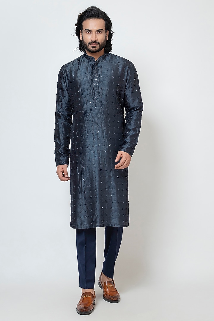 Deep Blue Bam Silk Cutdana Embroidered Kurta Set by YOSEBA at Pernia's Pop Up Shop