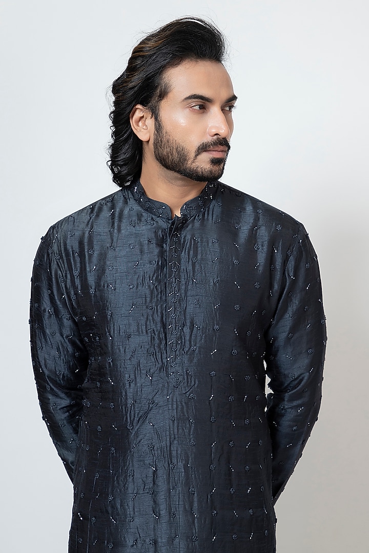 Deep Blue Bam Silk Cutdana Embroidered Kurta Set by YOSEBA at Pernia's Pop Up Shop
