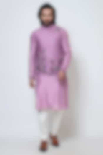Purple Bam Silk Cutdana & Sequins Hand Embroidered Nehru Jacket Set by YOSEBA at Pernia's Pop Up Shop