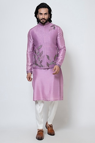 Purple Bam Silk Cutdana & Sequins Hand Embroidered Nehru Jacket Set by YOSEBA