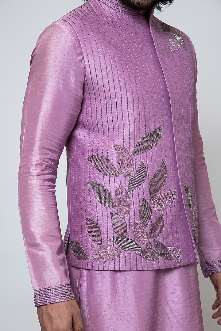 Purple Bam Silk Cutdana & Sequins Hand Embroidered Nehru Jacket Set by YOSEBA at Pernia's Pop Up Shop