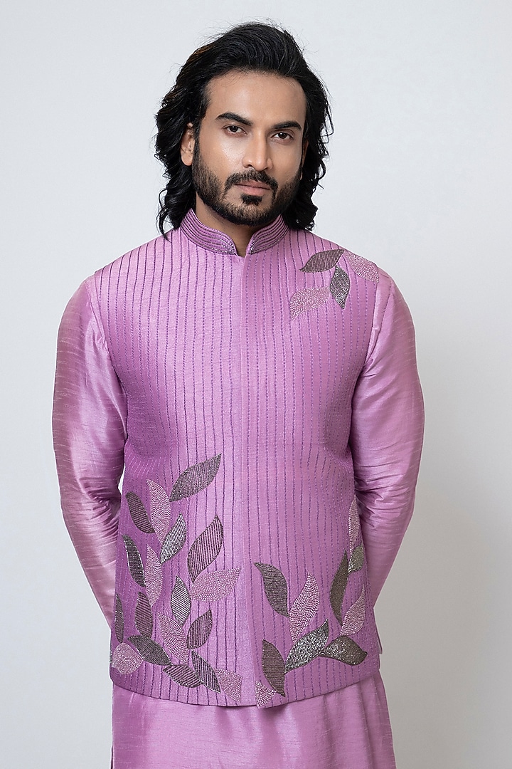 Purple Bam Silk Cutdana & Sequins Hand Embroidered Nehru Jacket Set by YOSEBA at Pernia's Pop Up Shop