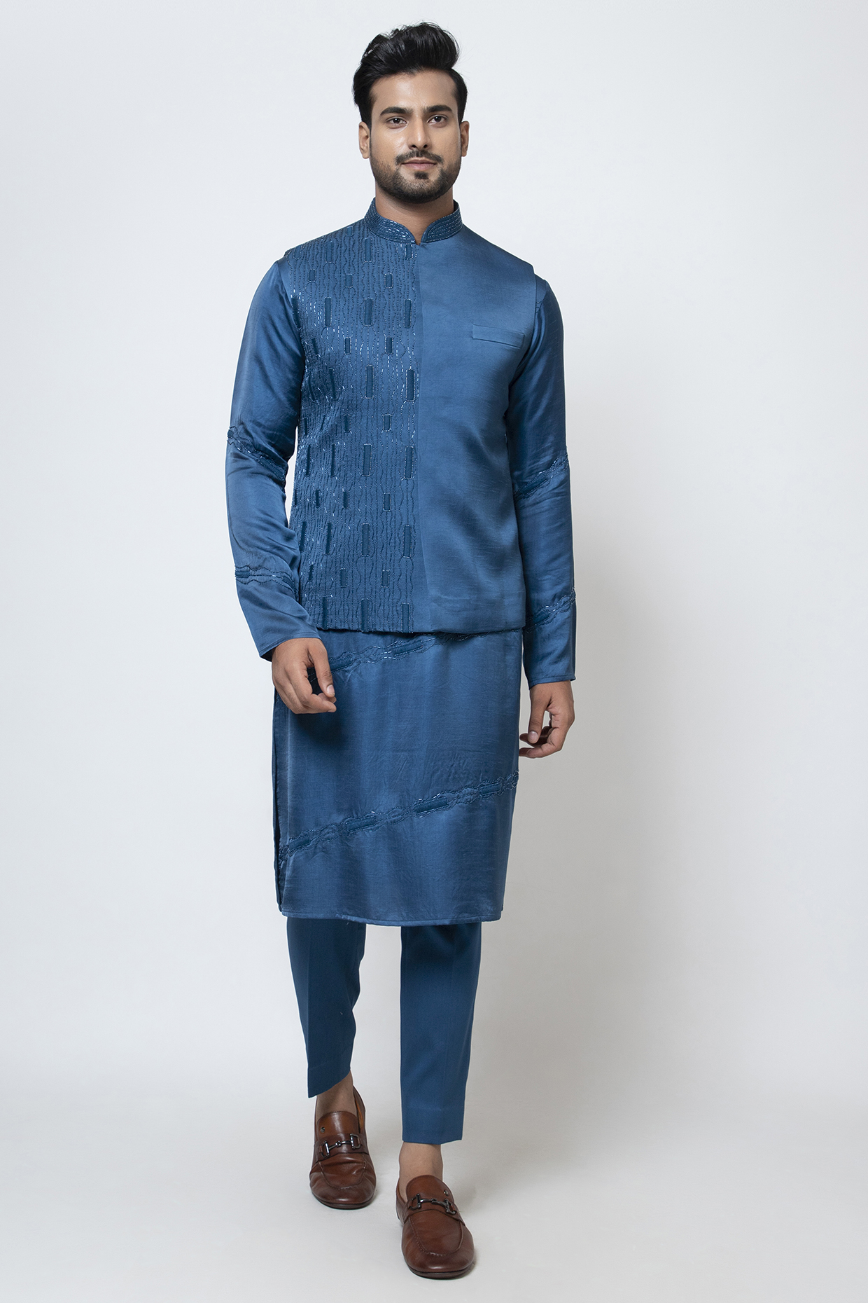 Pacific Blue Linen Satin Resham & Thread Embroidered Nehru Jacket Set by YOSEBA at Pernia's Pop Up Shop