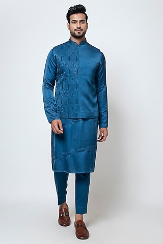 Pacific Blue Linen Satin Resham & Thread Embroidered Nehru Jacket Set by YOSEBA