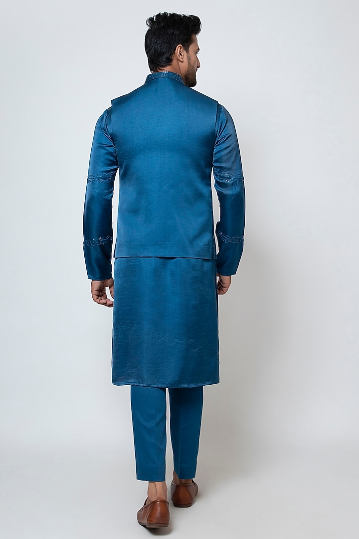 Pacific Blue Linen Satin Resham & Thread Embroidered Nehru Jacket Set by YOSEBA at Pernia's Pop Up Shop