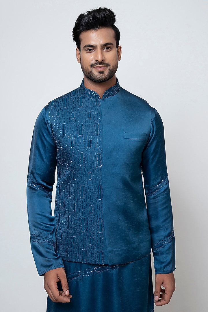 Pacific Blue Linen Satin Resham & Thread Embroidered Nehru Jacket Set by YOSEBA at Pernia's Pop Up Shop