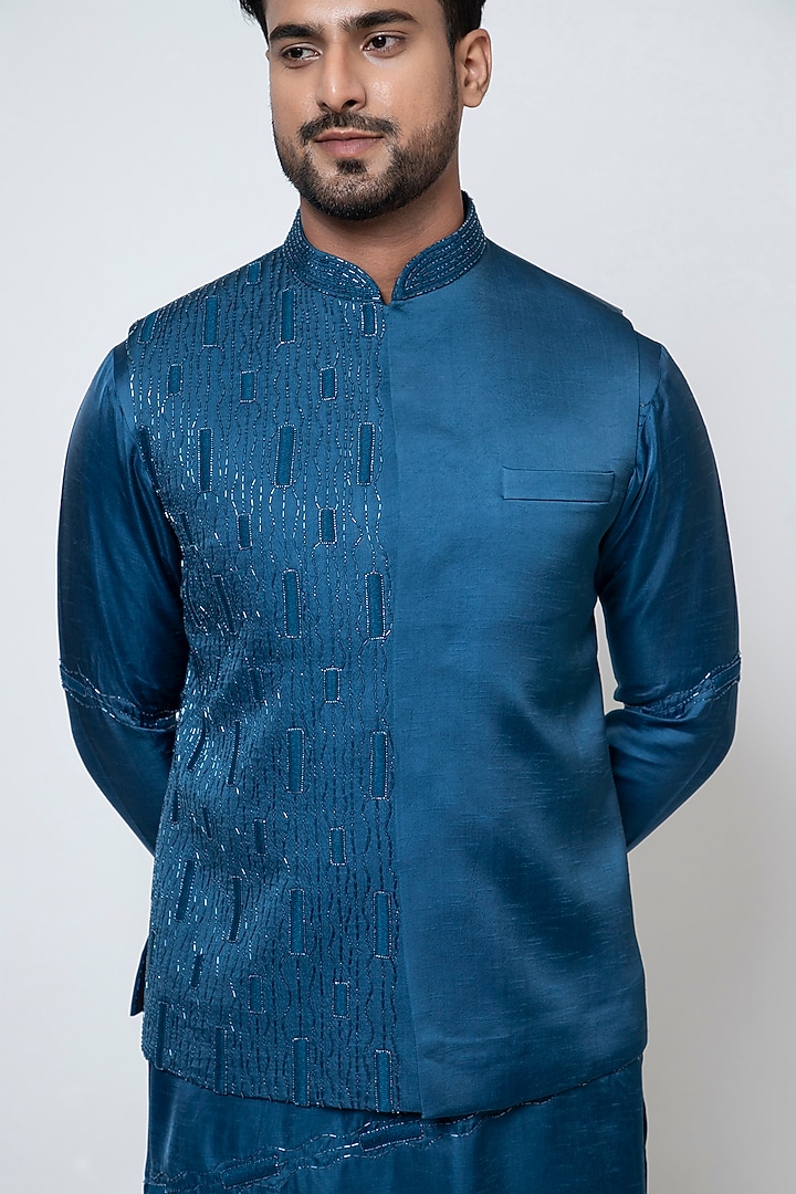 Pacific Blue Linen Satin Resham & Thread Embroidered Nehru Jacket Set by YOSEBA at Pernia's Pop Up Shop