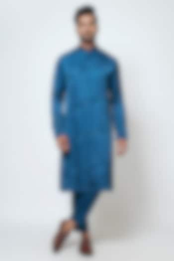 Pacific Blue Linen Satin Kurta Set by YOSEBA