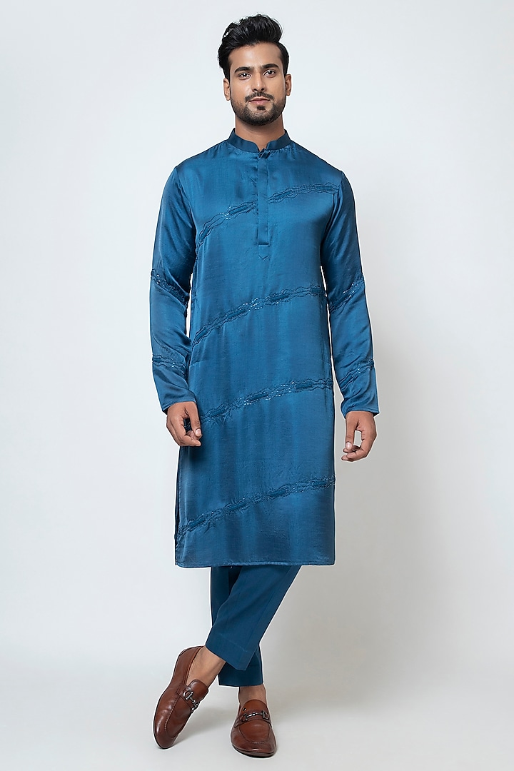 Pacific Blue Linen Satin Kurta Set by YOSEBA