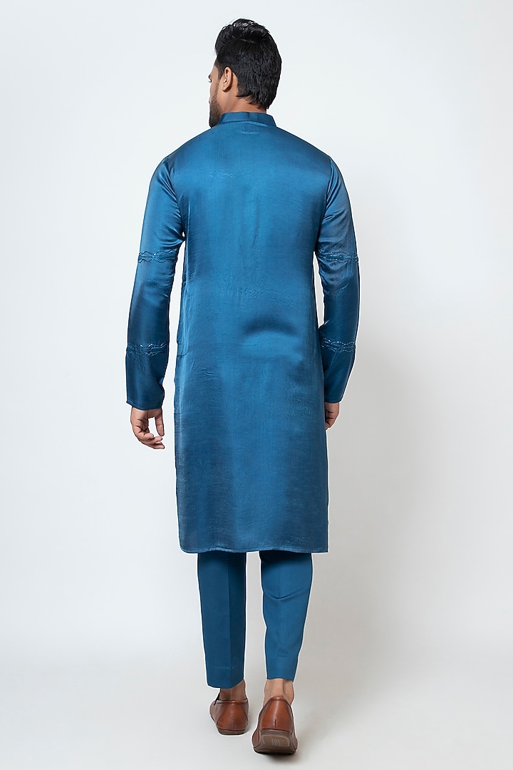Pacific Blue Linen Satin Kurta Set by YOSEBA at Pernia's Pop Up Shop