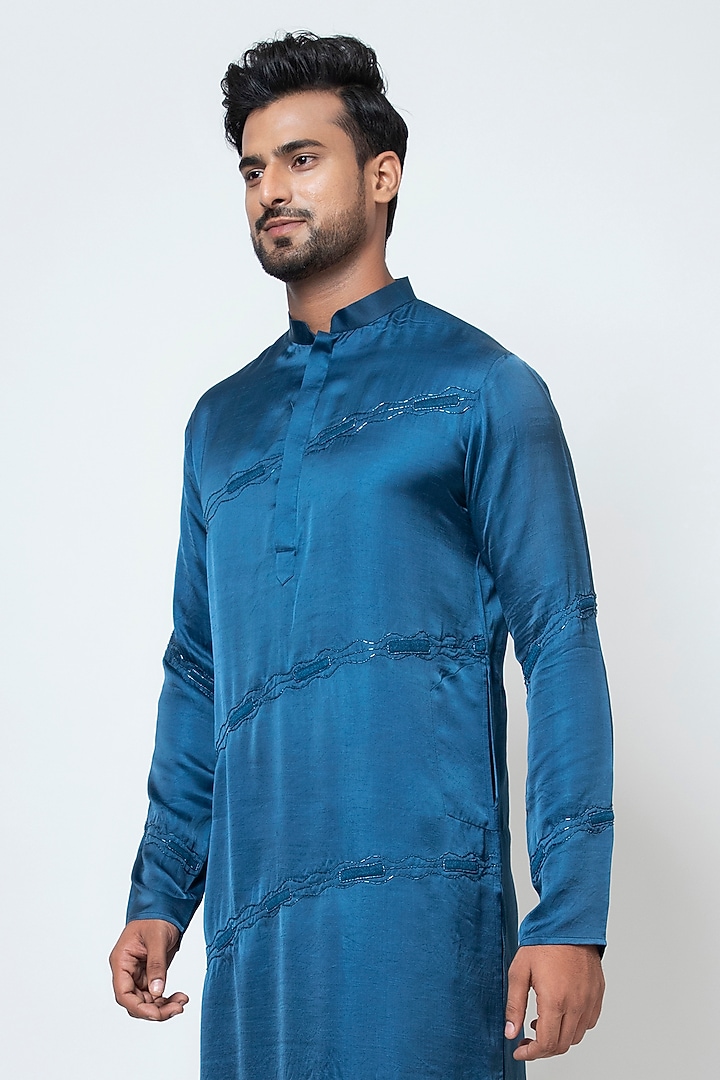 Pacific Blue Linen Satin Kurta Set by YOSEBA at Pernia's Pop Up Shop