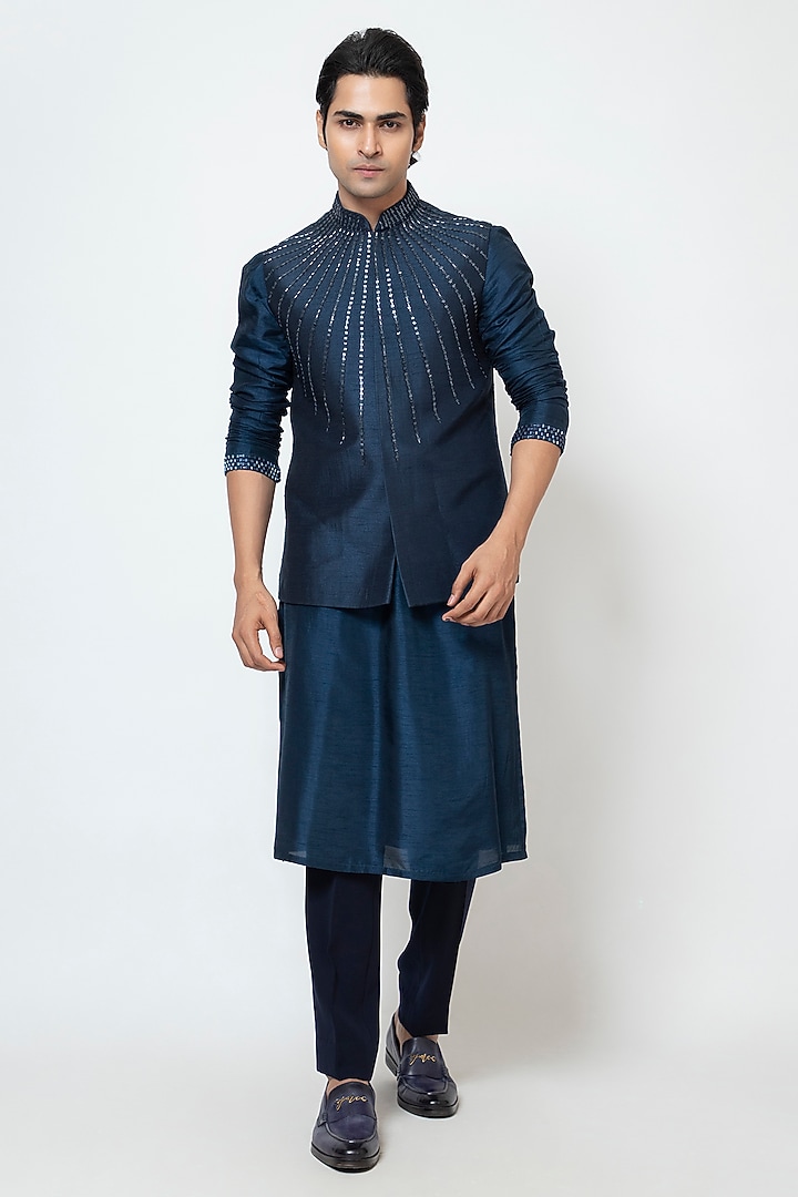 Navy Blue Bam Silk Cutdana & Thread Embroidered Nehru Jacket Set by YOSEBA at Pernia's Pop Up Shop
