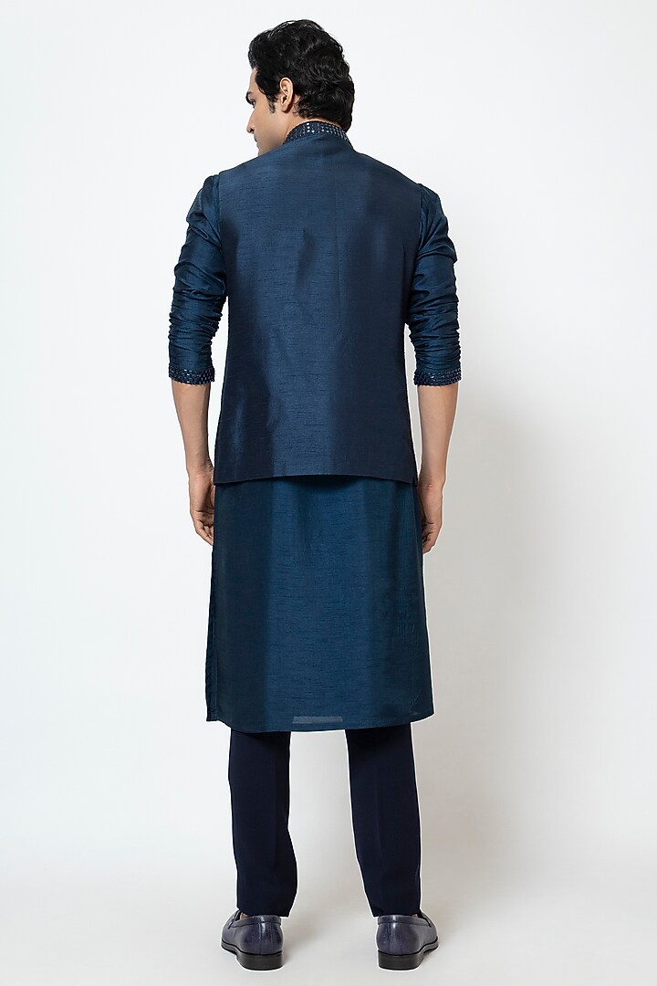 Navy Blue Bam Silk Cutdana & Thread Embroidered Nehru Jacket Set by YOSEBA at Pernia's Pop Up Shop