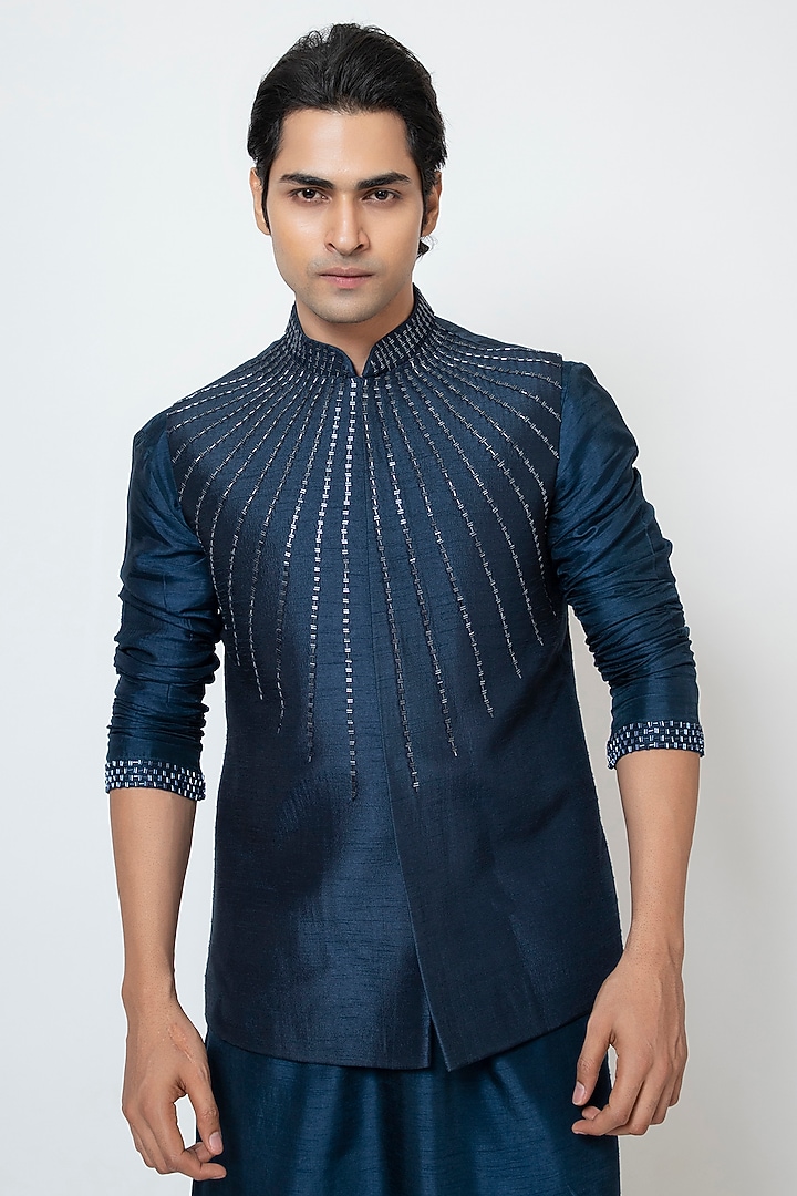 Navy Blue Bam Silk Cutdana & Thread Embroidered Nehru Jacket Set by YOSEBA at Pernia's Pop Up Shop