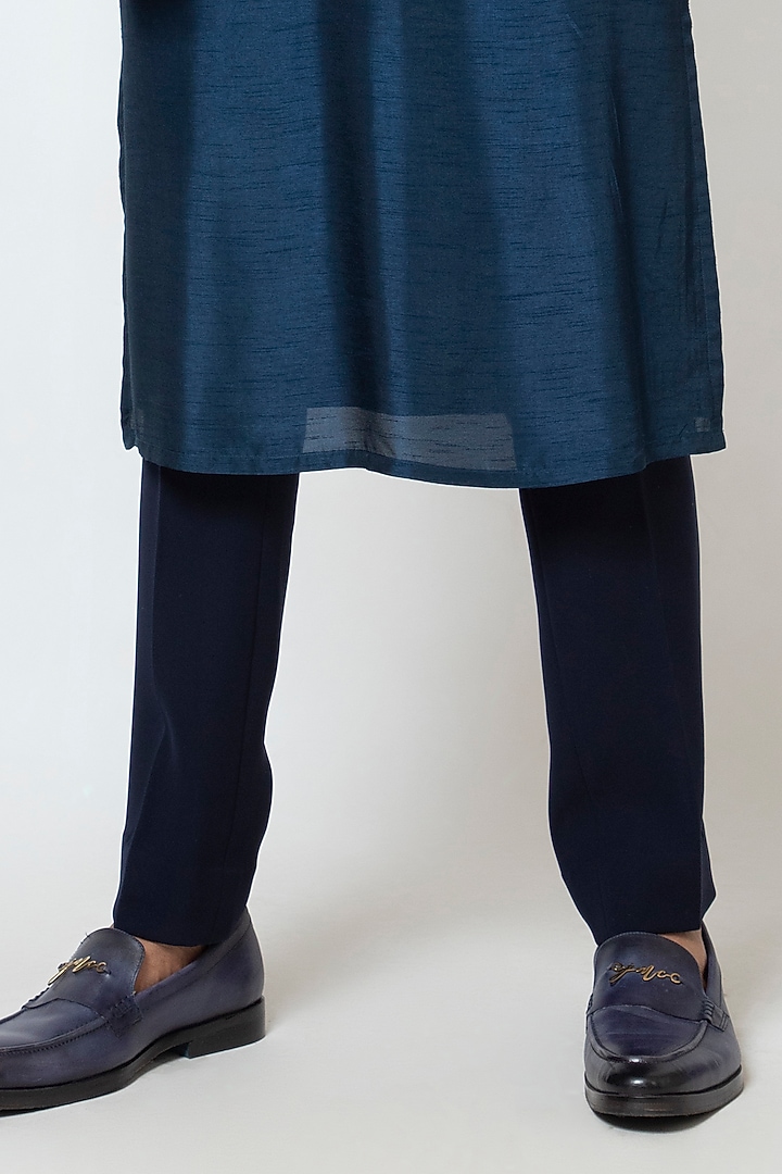 Navy Blue Bam Silk Cutdana & Thread Embroidered Nehru Jacket Set by YOSEBA at Pernia's Pop Up Shop
