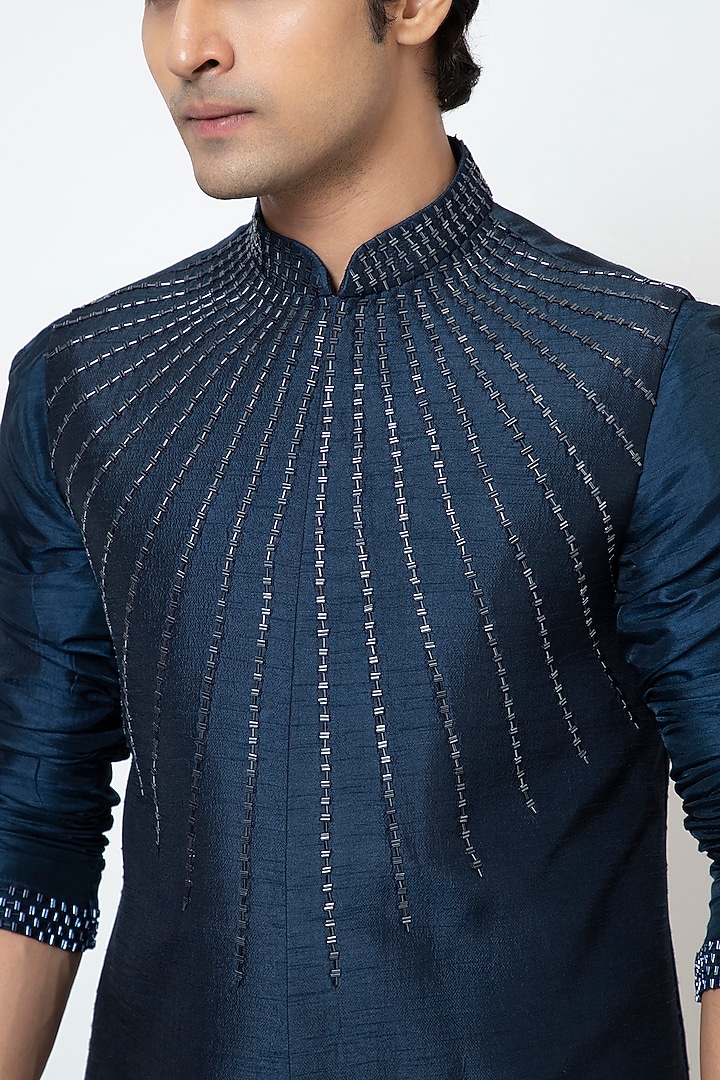 Navy Blue Bam Silk Cutdana & Thread Embroidered Nehru Jacket Set by YOSEBA at Pernia's Pop Up Shop