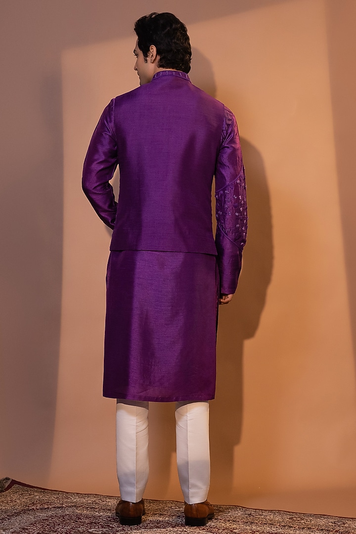 Grape Purple Bam Silk Embroidered Nehru Jacket Set by YOSEBA at Pernia's Pop Up Shop