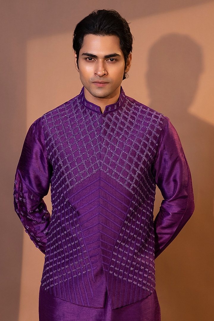 Grape Purple Bam Silk Embroidered Nehru Jacket Set by YOSEBA at Pernia's Pop Up Shop