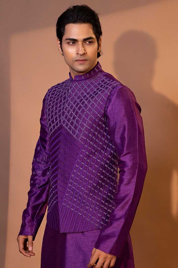 Grape Purple Bam Silk Embroidered Nehru Jacket Set by YOSEBA at Pernia's Pop Up Shop