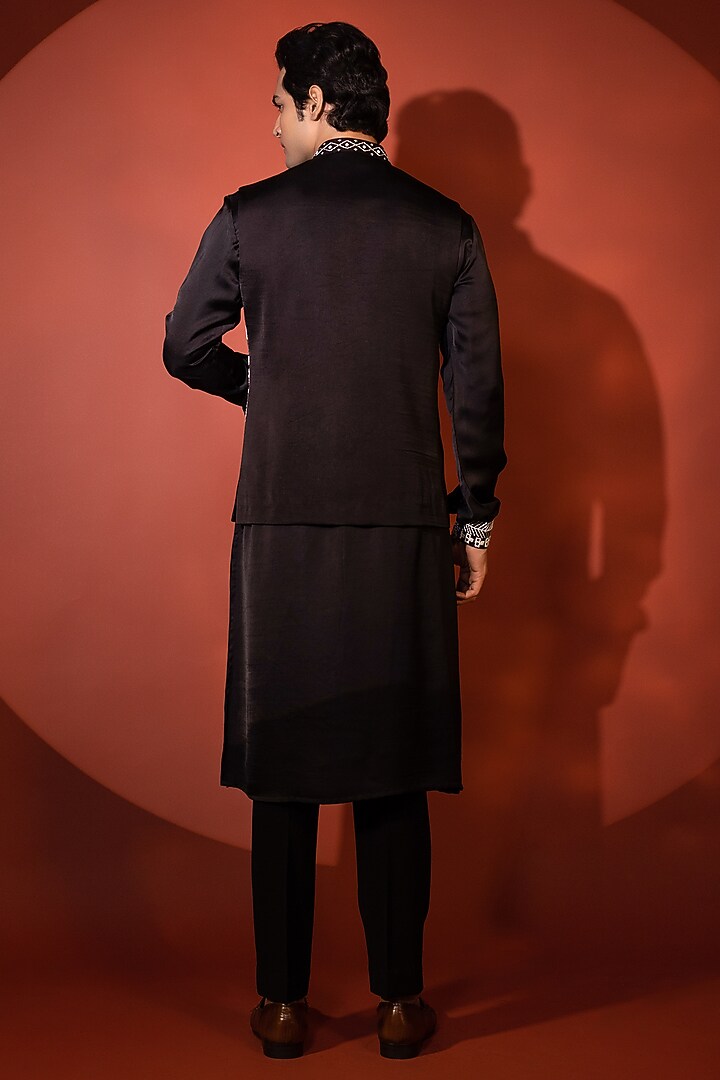 Charcoal Black Linen Satin Thread Embroidered Nehru Jacket Set by YOSEBA at Pernia's Pop Up Shop