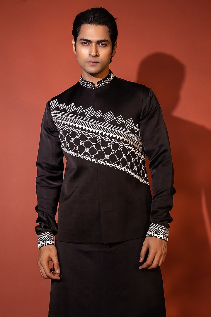 Charcoal Black Linen Satin Thread Embroidered Nehru Jacket Set by YOSEBA at Pernia's Pop Up Shop