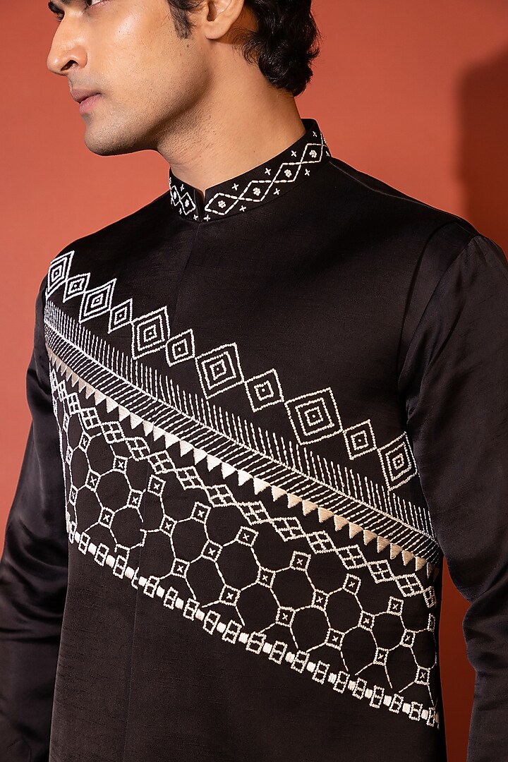 Charcoal Black Linen Satin Thread Embroidered Nehru Jacket Set by YOSEBA at Pernia's Pop Up Shop