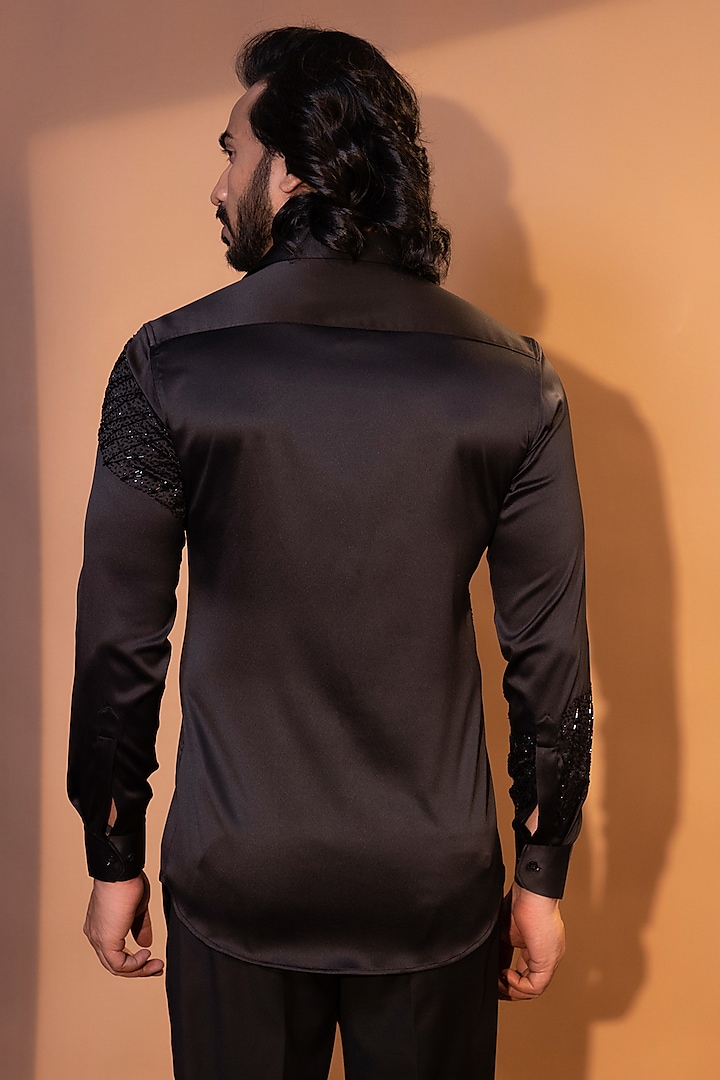 Black Premium Satin Embroidered Party Wear Shirt by YOSEBA at Pernia's Pop Up Shop