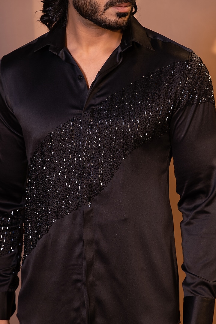 Black Premium Satin Embroidered Party Wear Shirt by YOSEBA at Pernia's Pop Up Shop
