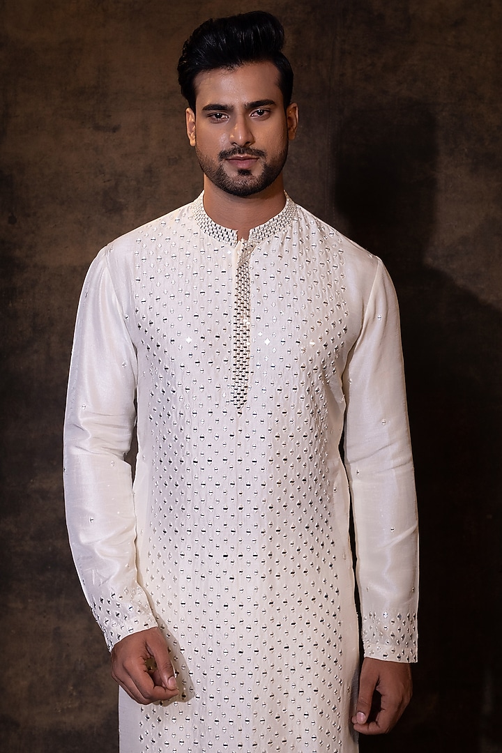 Ivory Bam Silk Mirror Embroidered Kurta Set by YOSEBA at Pernia's Pop Up Shop