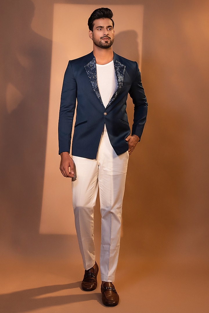 Teal Premium Suiting Fabric Cutdana Embroidered Blazer Set by YOSEBA at Pernia's Pop Up Shop