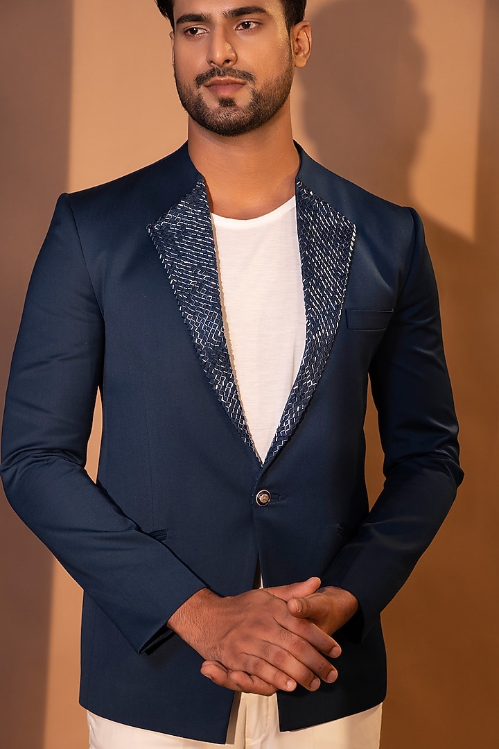 Teal Premium Suiting Fabric Cutdana Embroidered Blazer Set by YOSEBA at Pernia's Pop Up Shop