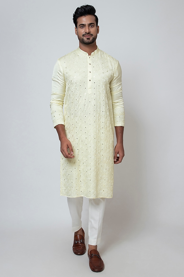 Lime Yellow Linen Satin Floral & Mirror Embroidered Kurta Set by YOSEBA at Pernia's Pop Up Shop