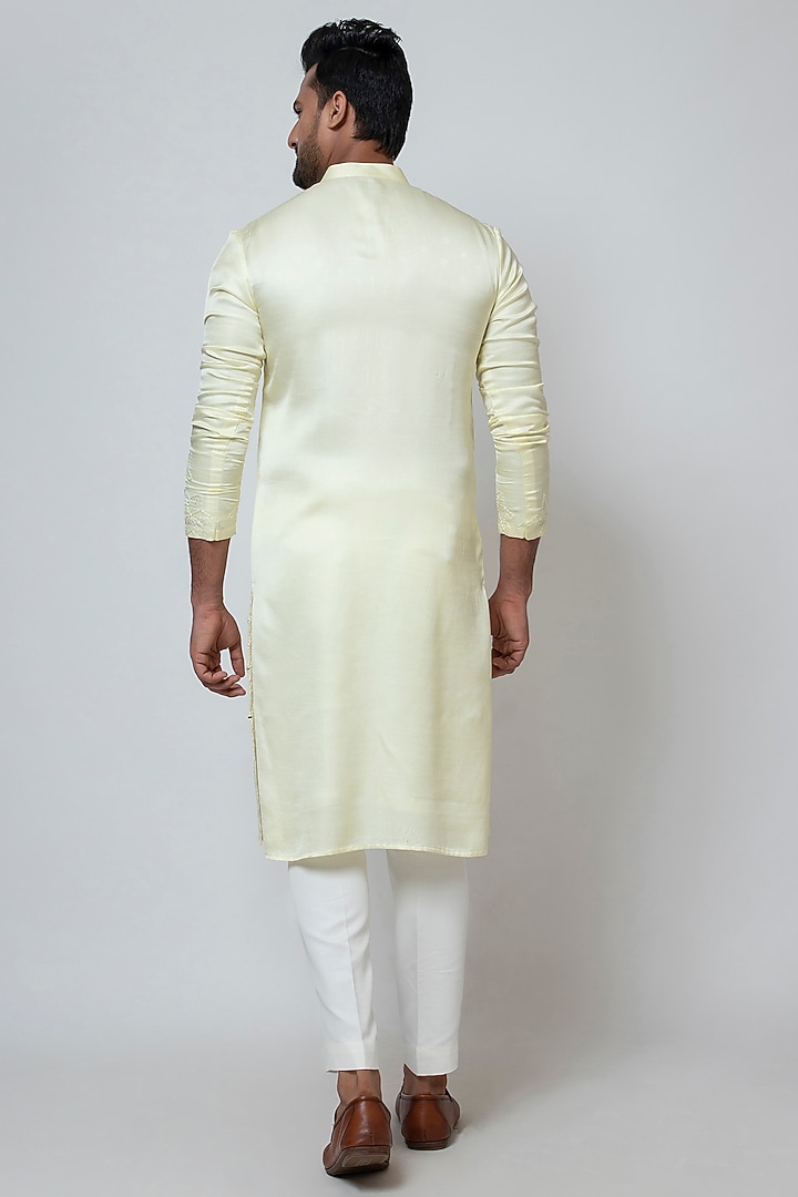 Lime Yellow Linen Satin Floral & Mirror Embroidered Kurta Set by YOSEBA at Pernia's Pop Up Shop