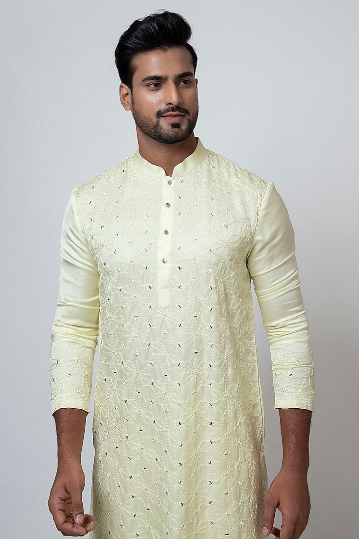 Lime Yellow Linen Satin Floral & Mirror Embroidered Kurta Set by YOSEBA at Pernia's Pop Up Shop
