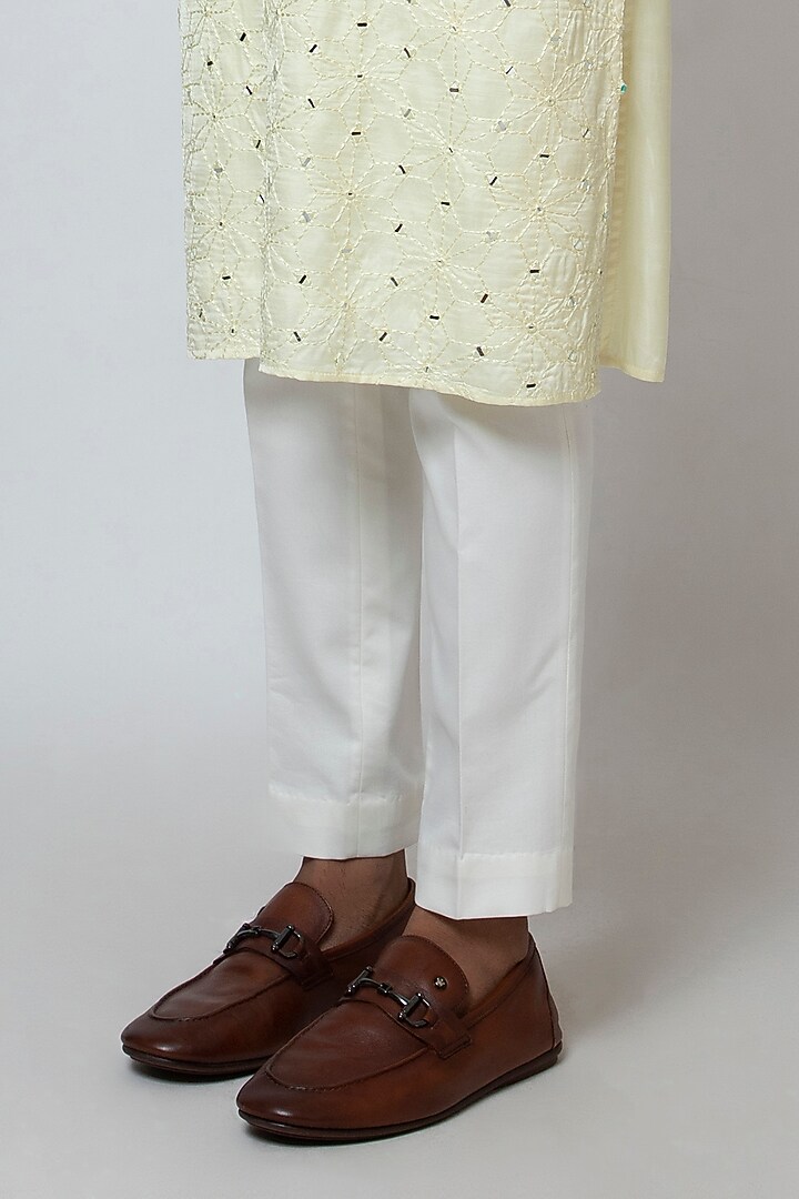 Lime Yellow Linen Satin Floral & Mirror Embroidered Kurta Set by YOSEBA at Pernia's Pop Up Shop
